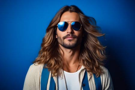 A man with long hair and sunglasses is posing for a photo. He is wearing a white shirt and a blue jacketの素材