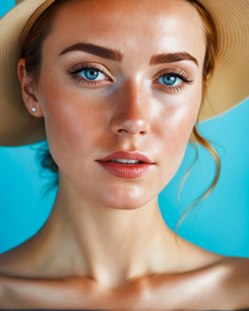A woman with a tan hat and blue eyes. She has a tan complexion and a blue eye shadowの素材