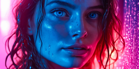 A woman with wet hair and blue eyes. The photo is in a neon color. The woman's hair is wet and she has a blue eyeの素材
