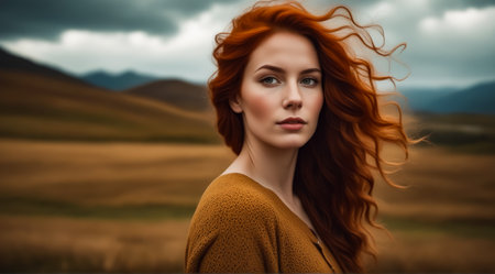 A woman with red hair stands in a field with a cloudy sky in the background. She is wearing a yellow shirt and has her hair blowing in the windの素材