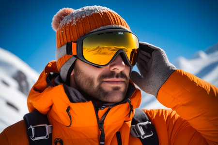 A man in an orange jacket and hat is wearing goggles and a scarf. He is looking at the camera with a smile on his faceの素材