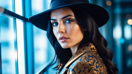 A woman wearing a black hat and a gold and blue jacket. She has blue eyes and a smileの素材