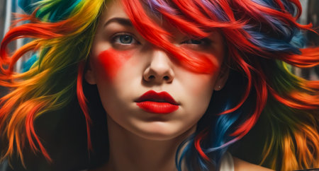 A woman with rainbow colored hair and red lipstick. She has a bold and confident look. The image is vibrant and colorful, with the woman's hair being the main focusの素材