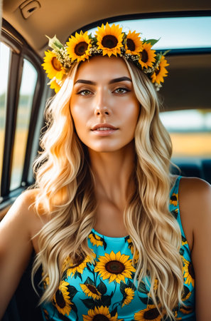 A woman with long blonde hair is wearing a sunflower headband and a blue tank top. She is sitting in a car and she is posing for a photo. Concept of relaxation and leisureの素材