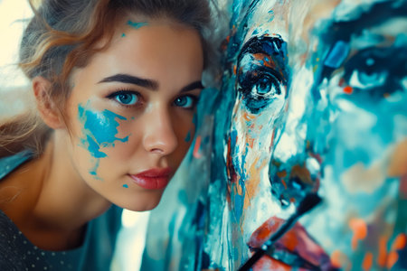 Woman with blue eyes stands in front of Image that appears to be her own portrait. Generative AI.の素材
