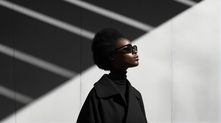 Woman in black coat and sunglasses stands against white wall. Generative AI.の素材