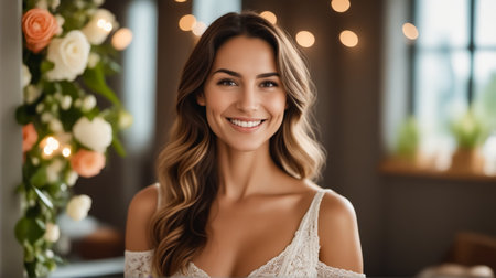 A woman with long blonde hair is smiling and posing for a picture. She is wearing a white dress and is surrounded by flowers. Scene is happy and celebratoryの素材