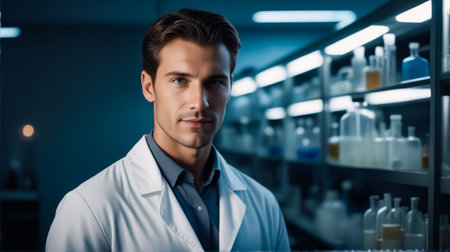 A man in a white lab coat stands in front of a shelf of bottles. He looks serious and focusedの素材