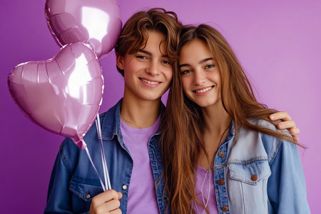 Boy and girl are standing together each holding balloon. Generative AI.の素材