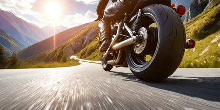 A motorcycle is speeding down a road with mountains in the background. The rider is wearing leather and he is enjoying the rideの素材