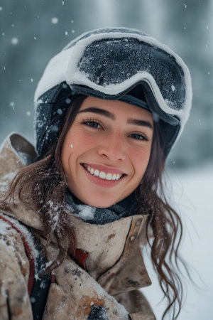 Woman with snowboard on her head and smile on her face. Generative AI.の素材