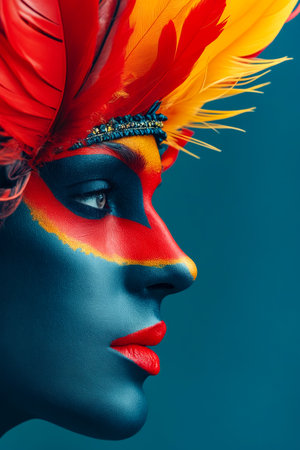 Woman with colorful face paint that includes red blue and yellow. Generative AI.の素材