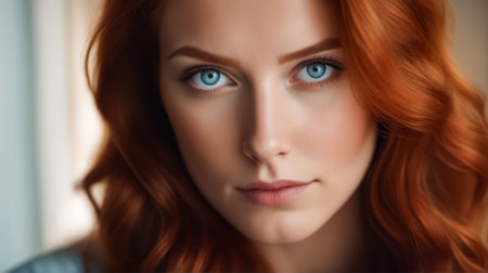 A woman with blue eyes and red hair. She has a very pretty faceの素材