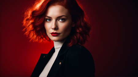 A woman with red hair and a black jacket and white shirt. She is wearing red lipstickの素材