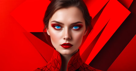 A woman with red hair and blue eyes is wearing red lipstick and a red jacket. She is standing in front of a red backgroundの素材