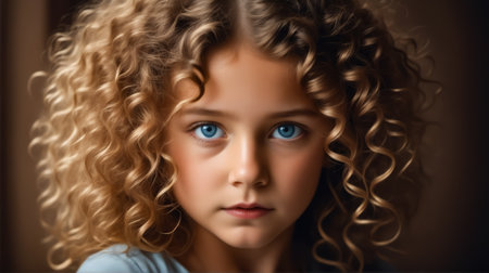 A young girl with curly hair and blue eyes. She is looking at the camera. The image has a warm and friendly moodの素材