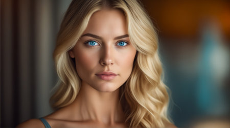 A woman with long blonde hair and blue eyes is standing in front of a wall. She has a very pretty and beautiful faceの素材