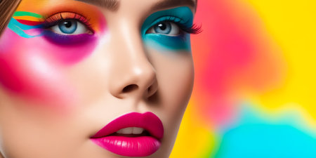 A woman with colorful makeup on her face. The colors are bright and vibrant, giving the impression of a fun and energetic moodの素材