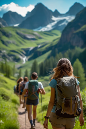 Woman wearing green backpack is walking down trail with three other people behind her. Generative AI.の素材