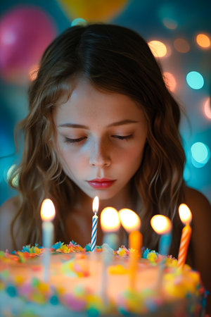 Young girl blows out candles on her birthday cake. Generative AI.の素材