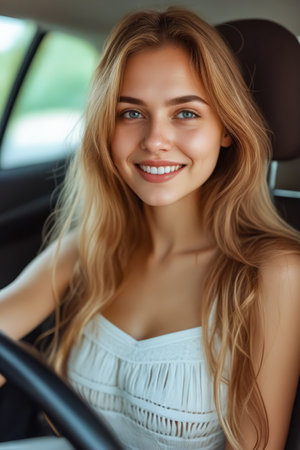 Woman with white top and red hair smiles while looking at the camera from behind the wheel of car. Generative AI.の素材