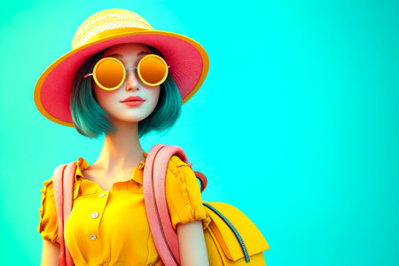 Cartoon woman with yellow dress, pink hat and sunglasses holds backpack. Generative AI.の素材