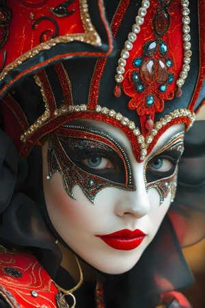 Woman with red and black makeup on her face and neck. Generative AI.の素材