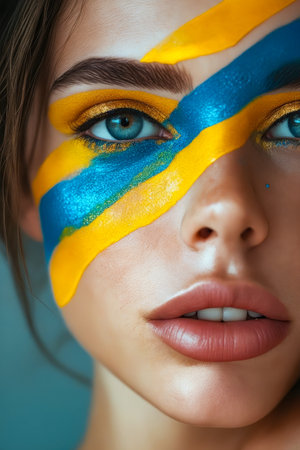 Woman with blue eyes and yellow and blue paint on her face. Generative AI.の素材