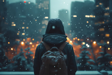 Person wearing black jacket and backpack is standing in front of cityscape with snow falling. Generative AI.の素材