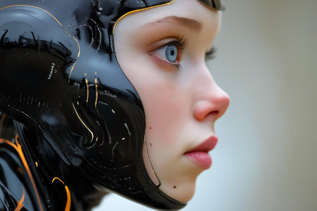 Close up of woman with blue eyes and black makeup on her face. Generative AI.の素材