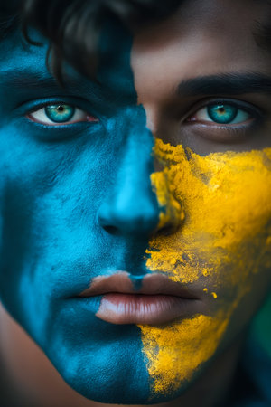 Man with blue and yellow paint on his face looks into the camera. Generative AI.の素材