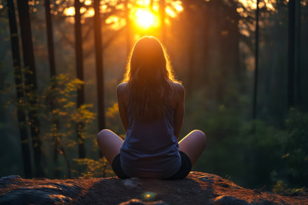 Woman is sitting on rock in front of some trees and watches the sunset. Generative AI.の素材