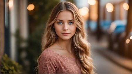 A woman with long blonde hair is standing in front of a building. She is wearing a pink dress and has a smile on her faceの素材