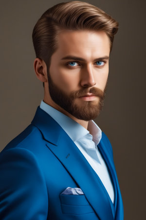 A man with a blue suit and a blue shirt is posing for a picture. He has a beard and blue eyesの素材