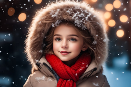 A young girl wearing a red scarf and a brown coat is smiling at the camera. The image has a warm and cozy feeling, as if the girl is enjoying a winter dayの素材