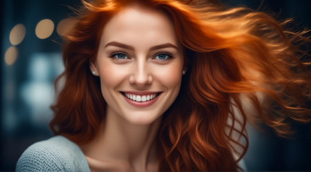 A woman with red hair and blue eyes is smiling and looking at the camera. She has a lot of hair and is wearing a blue shirtの素材
