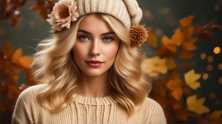 A blonde woman with a flower in her hat is standing in front of a tree with leaves. The leaves are orange and yellow, and the woman is wearing a white sweaterの素材