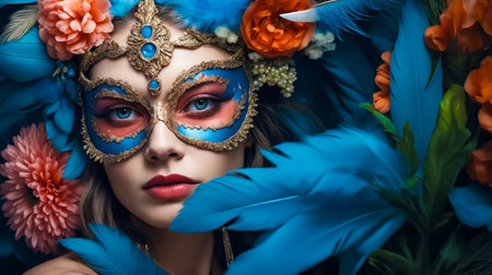 A woman wearing a blue mask and red lipstick is surrounded by flowers. The flowers are orange and pinkの素材