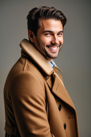 A man in a brown coat is smiling and posing for a picture. He is wearing a blue shirt and a brown collarの素材