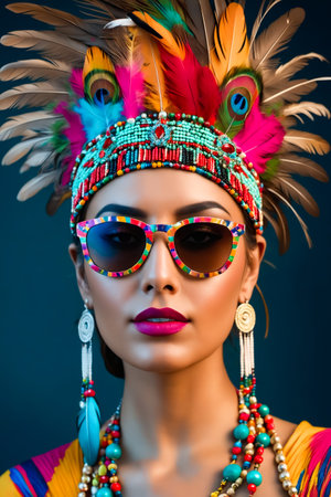 A woman wearing a colorful headdress and sunglassesの素材