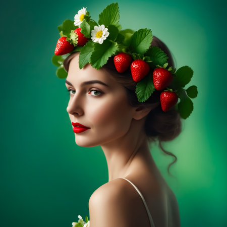 A woman wearing a strawberry wreath on her head. The wreath is made of red strawberries and green leaves. The woman has a red lipstick on and is looking at the camera. The image has a brightの素材