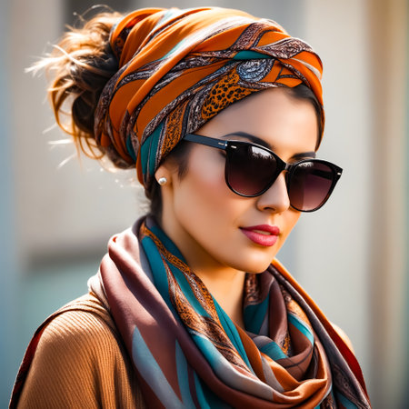 A woman wearing a scarf and sunglasses. She has a ponytail and is wearing a scarf with a leopard print designの素材