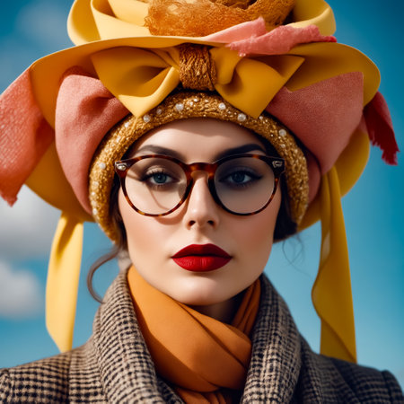 A woman wearing a yellow hat and glasses with red lipstick. She is posing for a photo. The hat and scarf are yellow and orange, and the scarf is fringedの素材