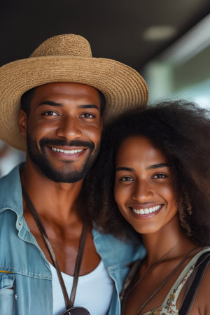 Man wearing straw hat smiles next to woman with curly hair and necklace. Generative AI.の素材