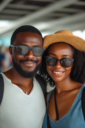 Man and woman wearing sunglasses and hats they are smiling at the camera. Generative AI.の素材