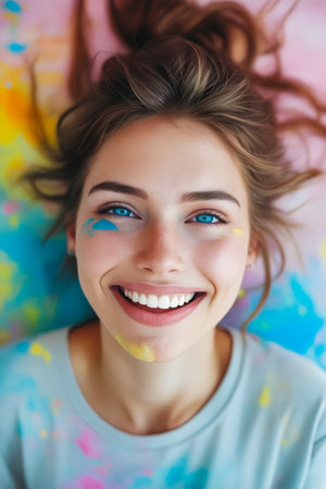 Woman with blue eyes and smile on her face laying down. Generative AI.の素材