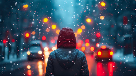 Person in red jacket stands on the street with snowflakes falling around them as cars pass by. Generative AI.の素材