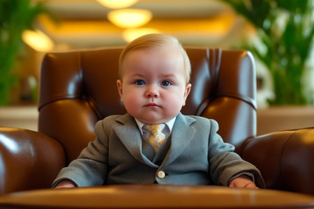 Baby wearing suit and tie sits in leather chair. Generative AI.の素材