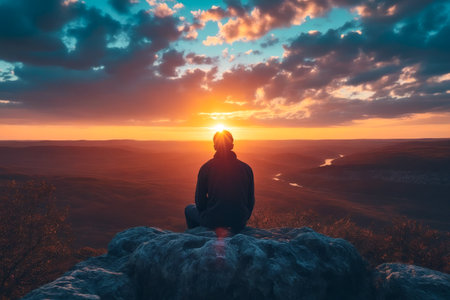 Man is sitting on rock with his arms folded and beautiful sunset behind him. Generative AI.の素材