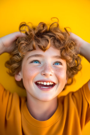 Young boy with curly hair smiles for the camera. Generative AI.の素材